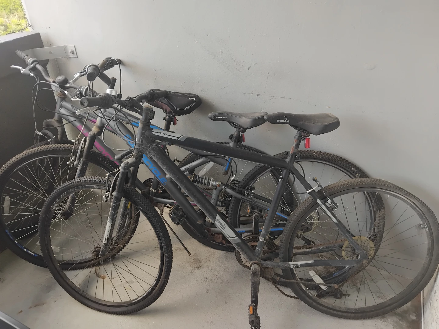 Two Mountain Bikes - One Black, One Grey