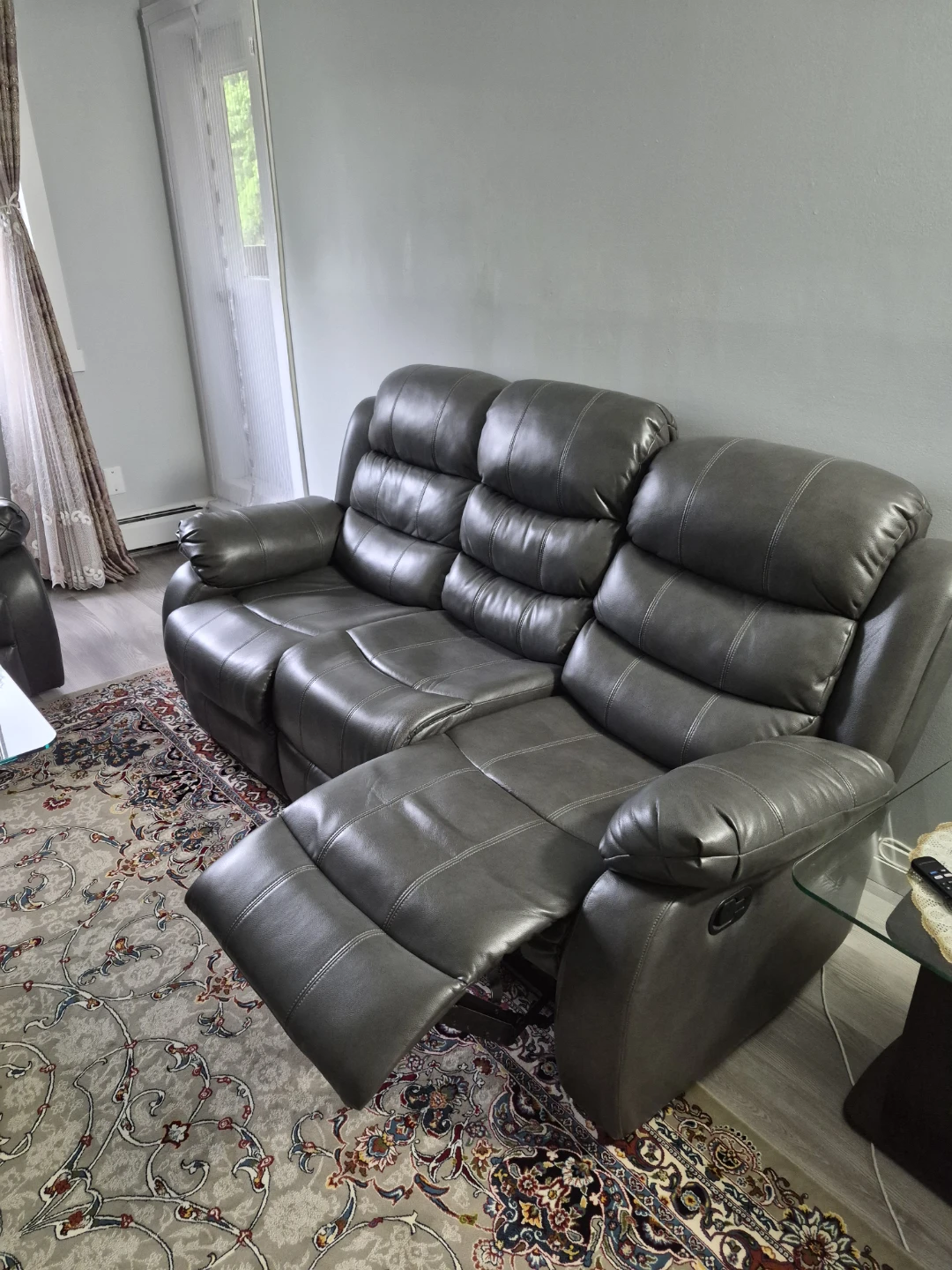 Grey Faux Leather Reclining Sofa with Cup Holders - photo 3