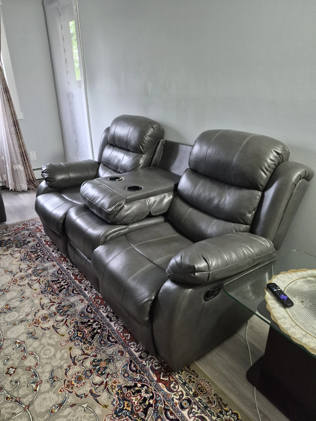 Grey Faux Leather Reclining Sofa with Cup Holders - photo 5