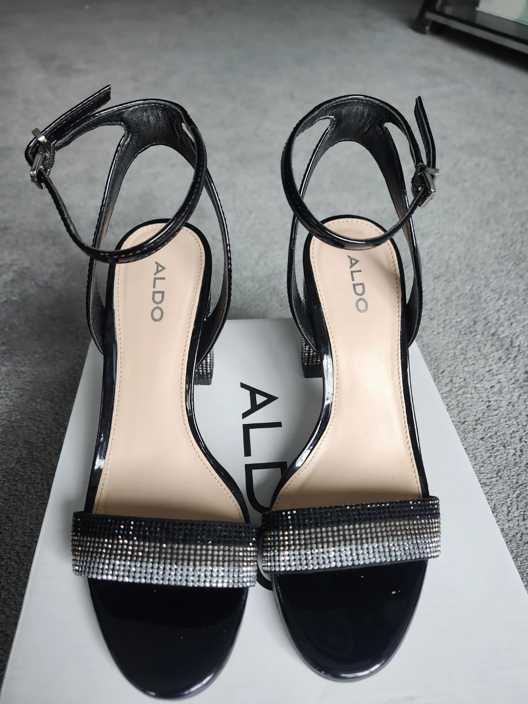 ALDO Black Patent Block Heels with Rhinestone Embellishments