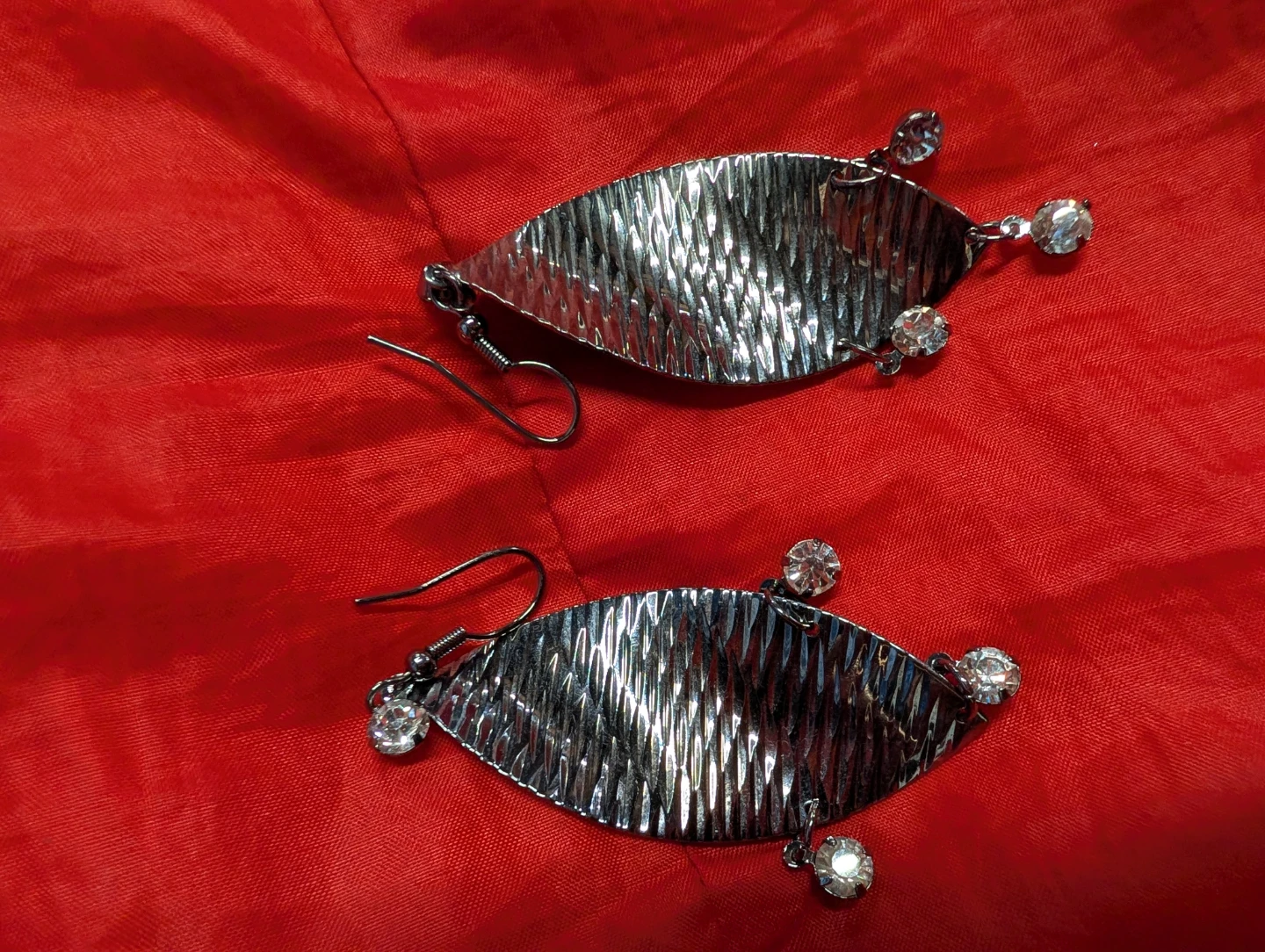 Silver Leaf Dangle Earrings with Crystals