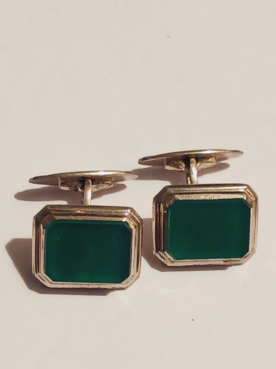 HM 835 Silver Signed Rectangular Green Stone Cufflinks