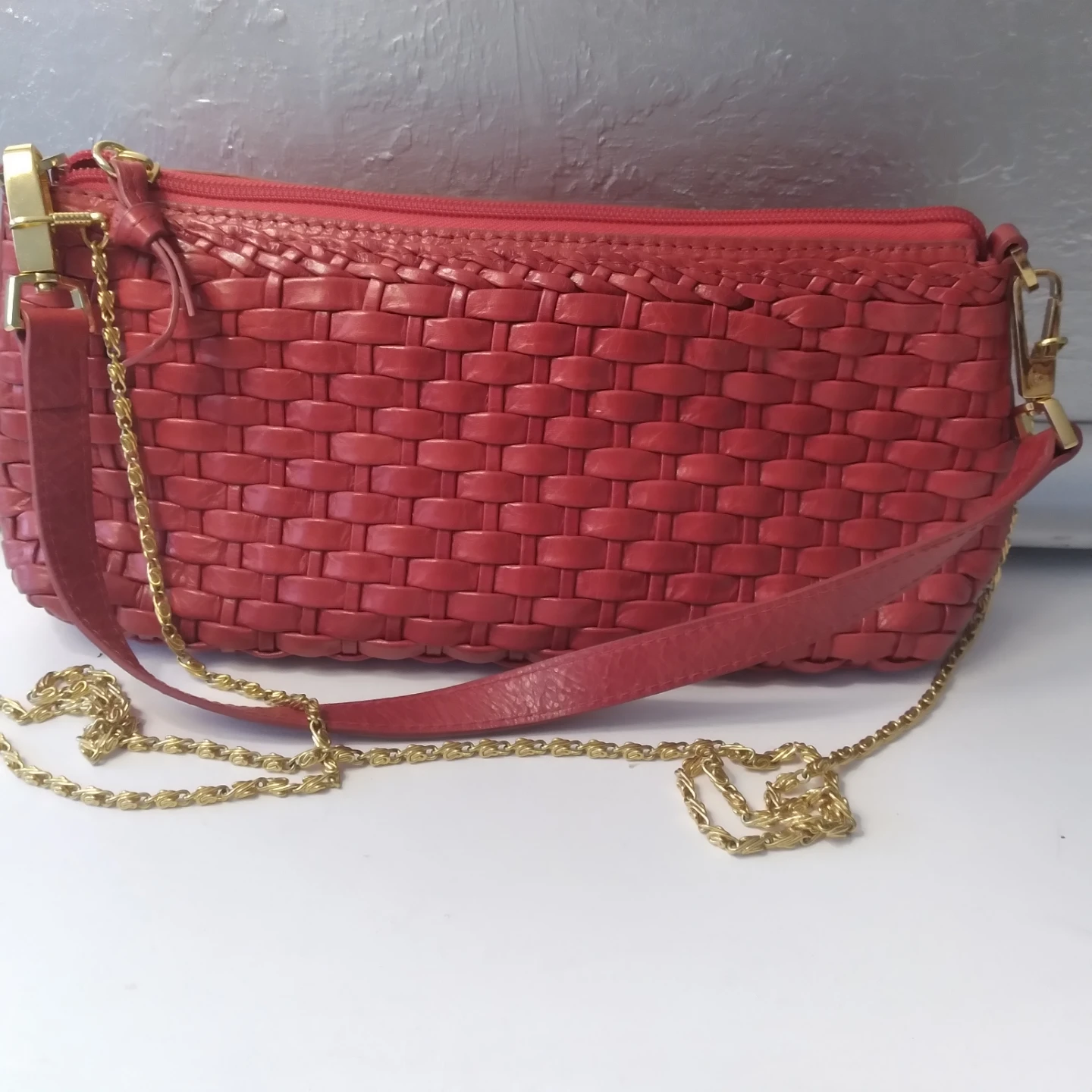 Red Woven Leather Clutch Bag with Chain Strap
