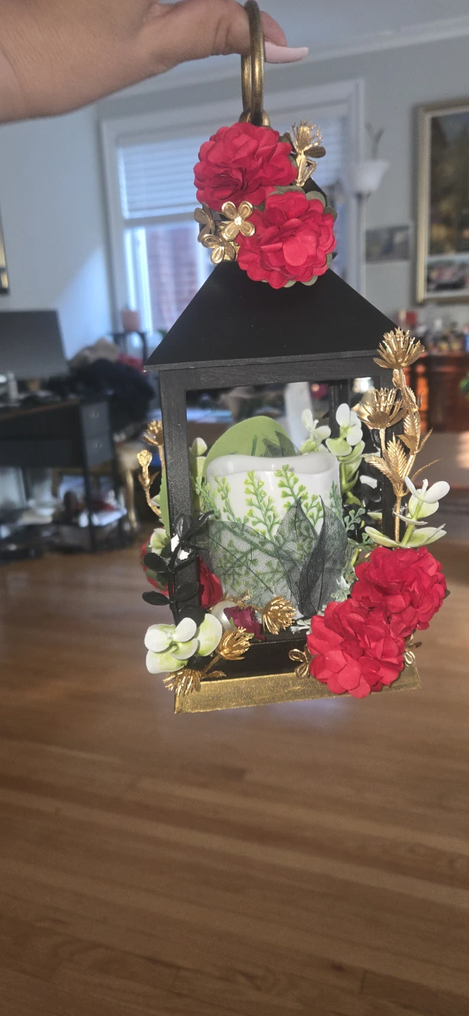 Hand Decoratated  Lantern with Faux Flowers and LED Candle