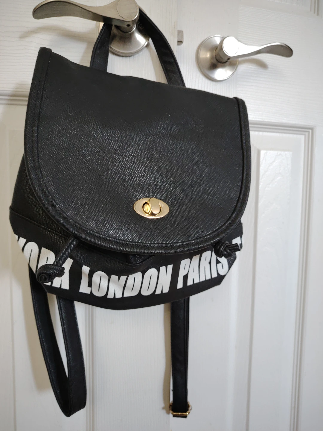 Black Backpack with Paris London New York Print