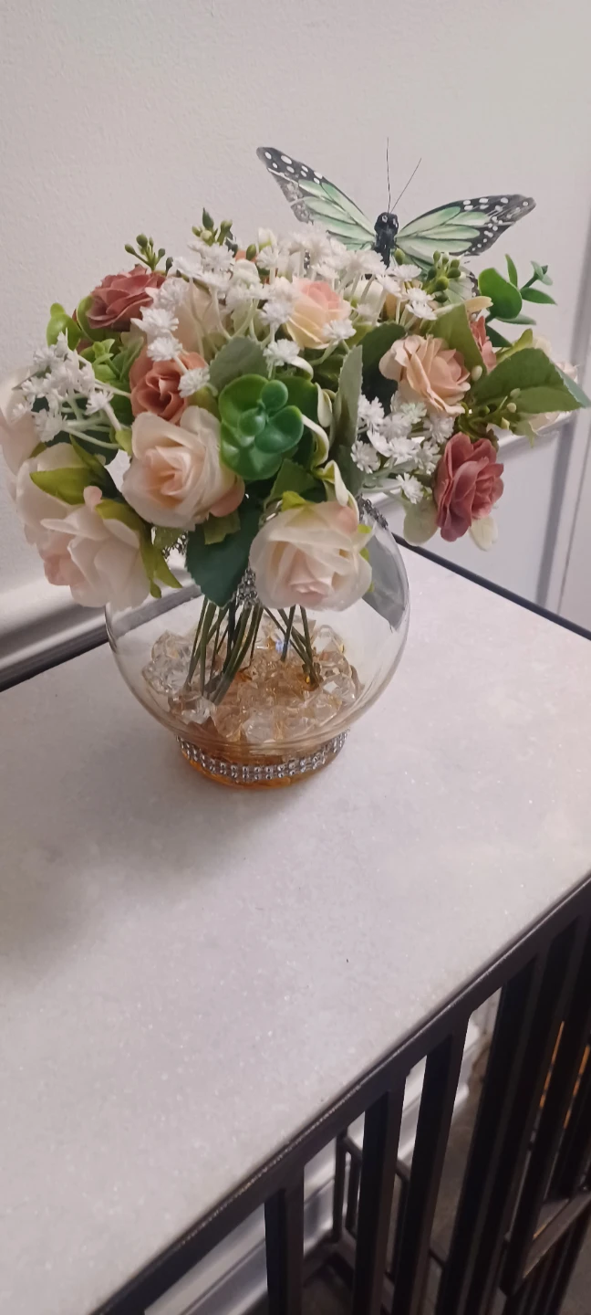 Artificial Flower Arrangement in Glass Vase with Butterfly - photo 3