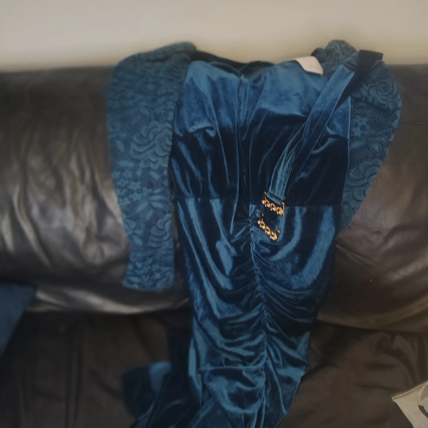 Teal Velvet Lace Sleeve Ruched Maxi Dress