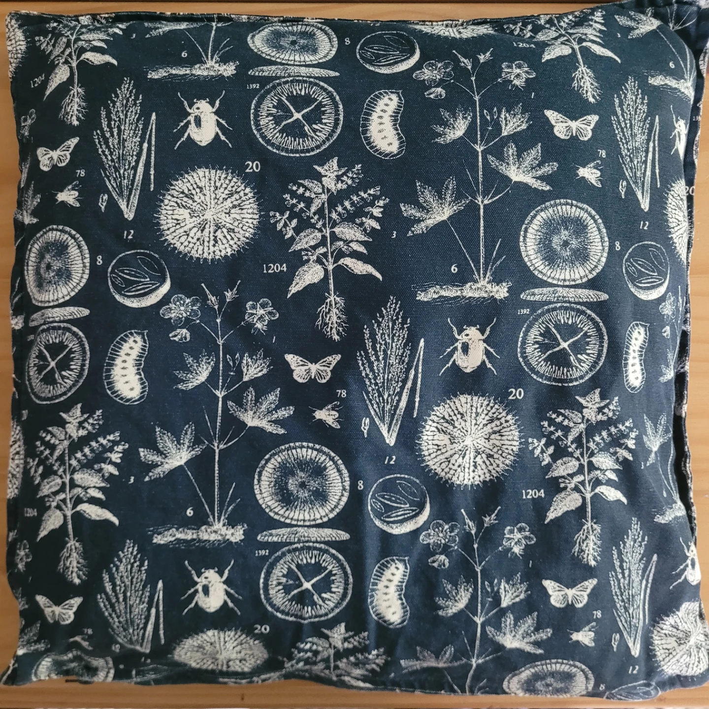 Decorative Pillow with Botanical and Insect Print