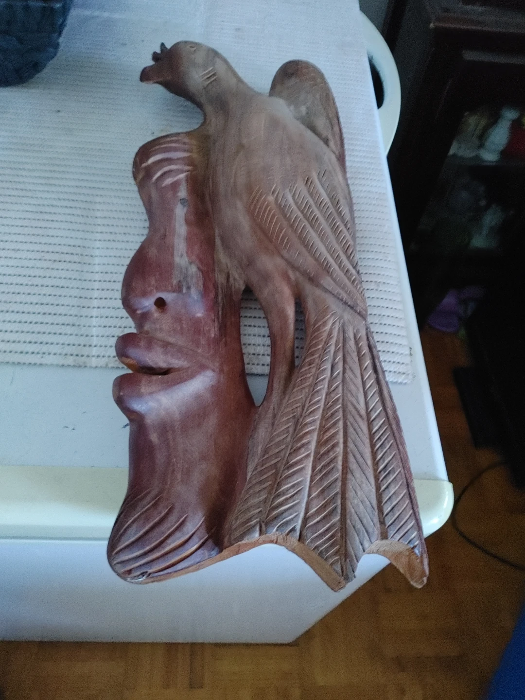 Wooden Carving of Bird and Face Wall Decor