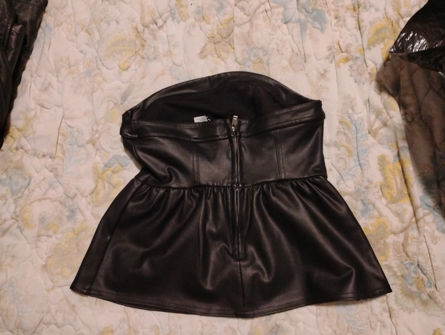 Black Faux Leather Strapless Peplum Top - photo 2