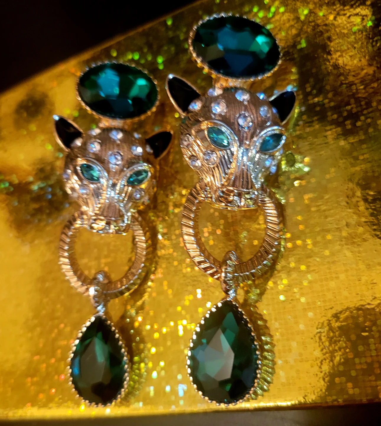 Gold Leopard Head Dangle Earrings with Emerald Green Gems - photo 3