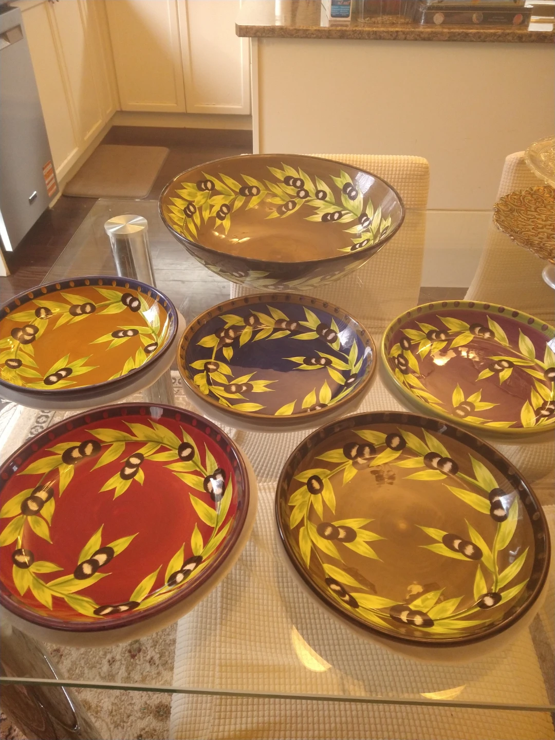 Hand-painted Olive Branch Serving Bowl and Plates Set