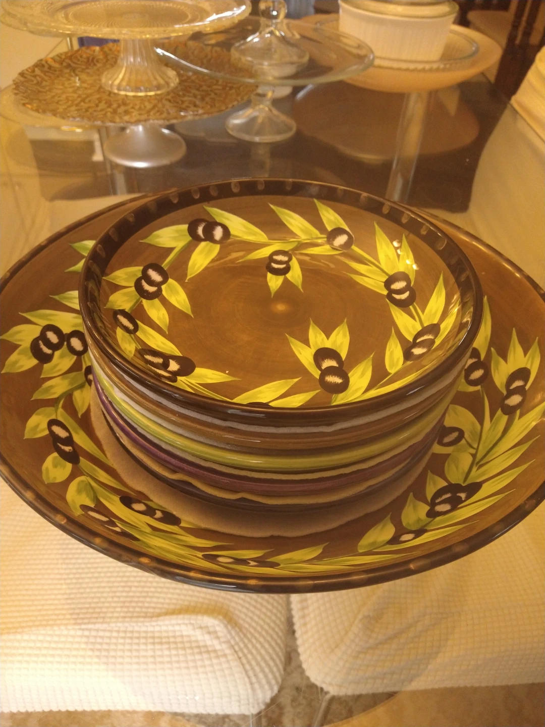 Hand-painted Olive Branch Serving Bowl and Plates Set - photo 3
