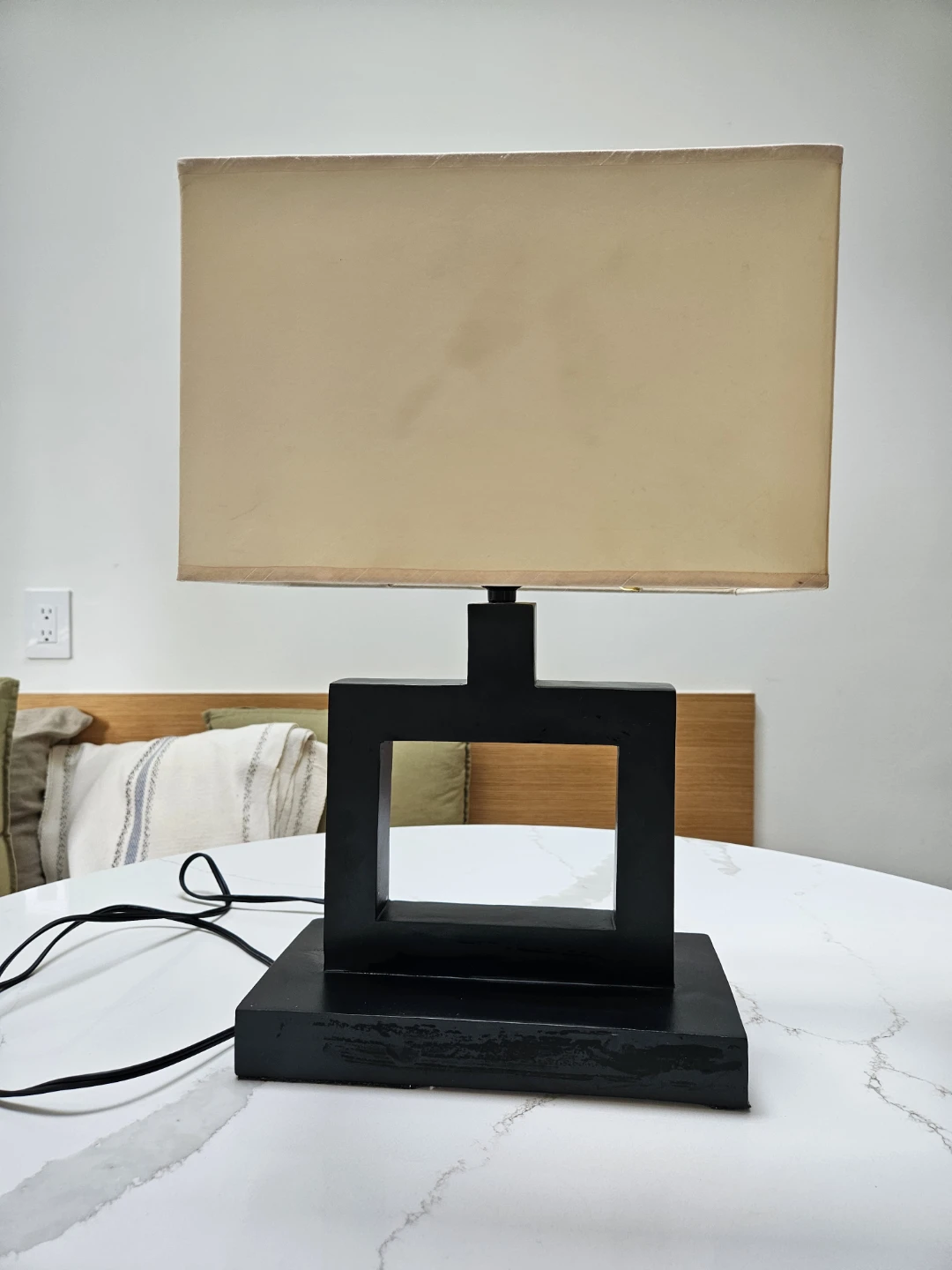 Modern Black Geometric Table Lamp with Beige Shade