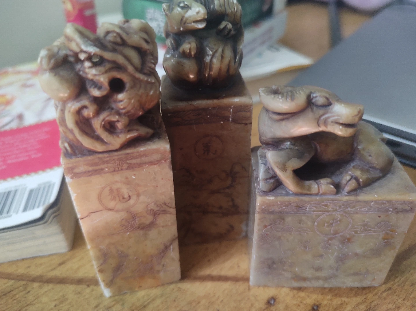 Set of 3 Chinese Stone Seals with Animal Carvings