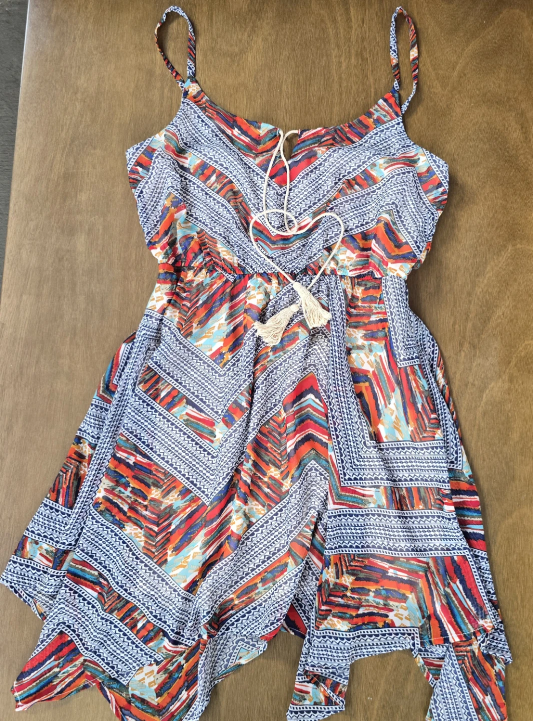 Colorful Geometric Sleeveless Dress - Size L - Tassel Tie Neck - photo 2