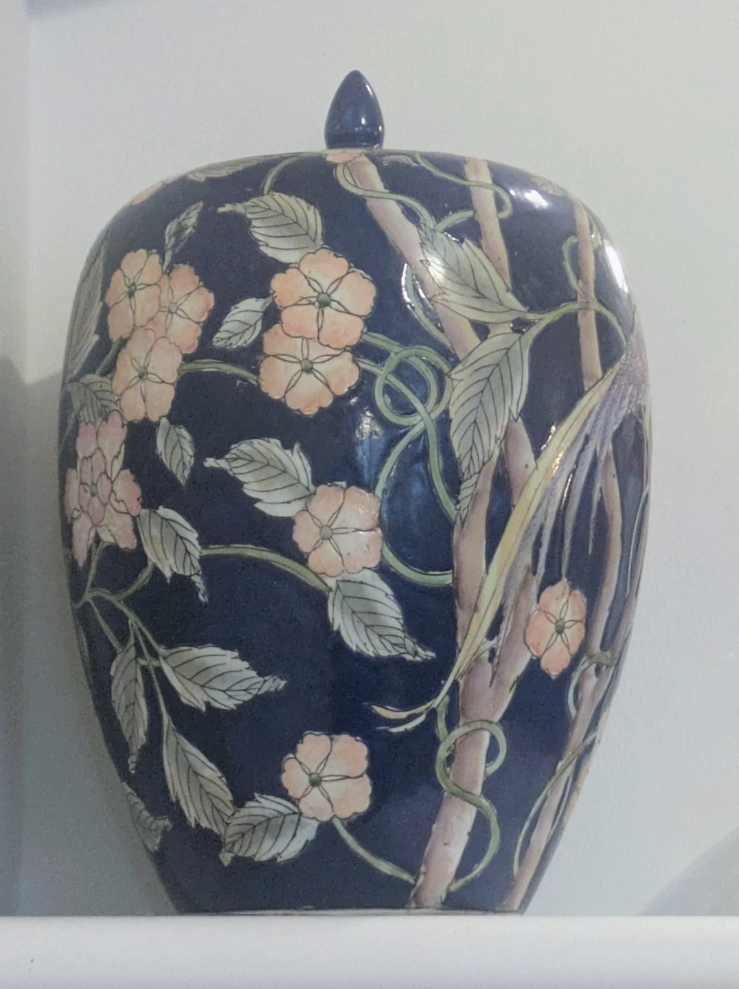 2 Porcelain Ginger Jars with Floral and Bamboo Design