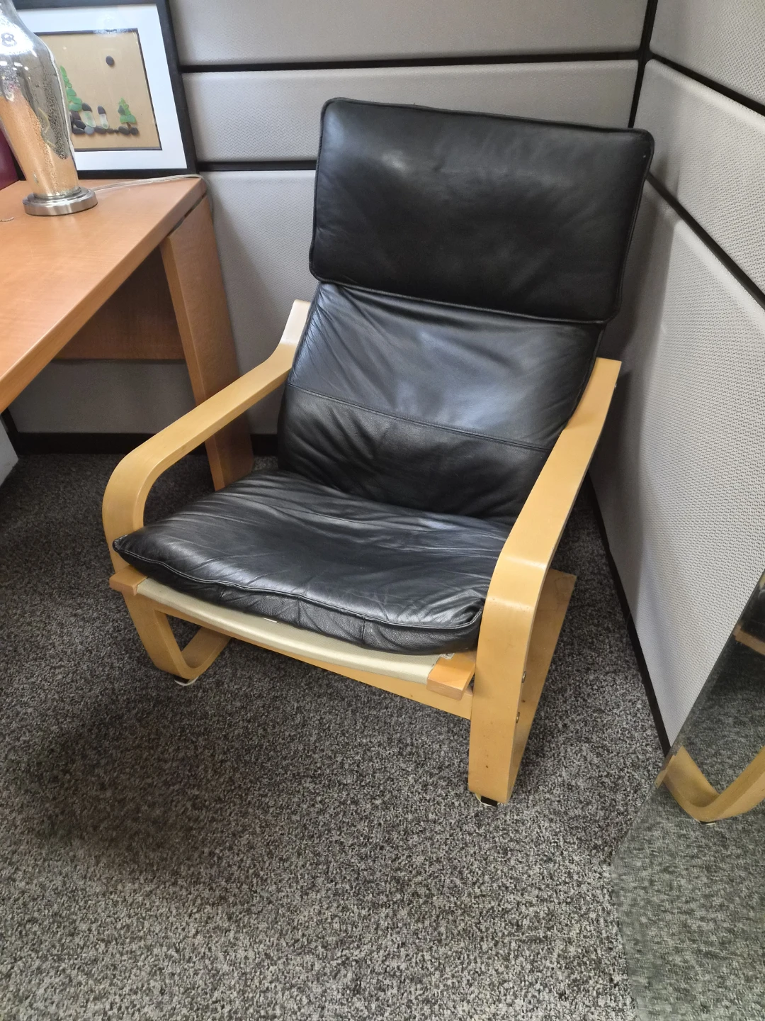 Black Leather Armchair with Wood Frame