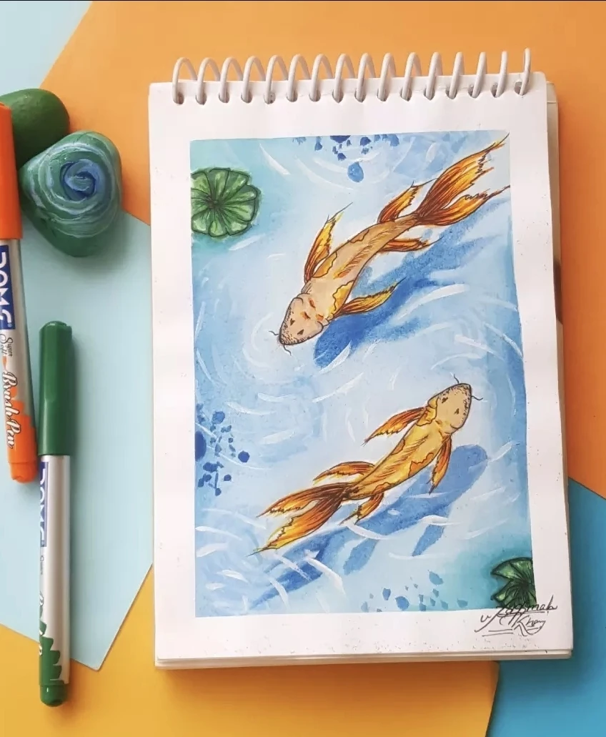 Original Watercolor Painting - Two Koi Fish in Water
