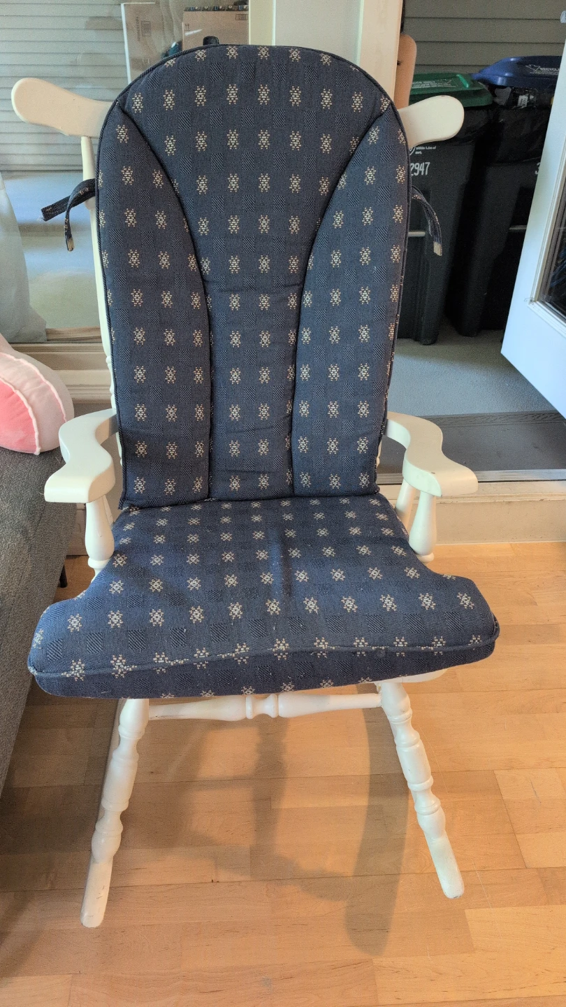 White Wooden Rocking Chair with Blue Cushion