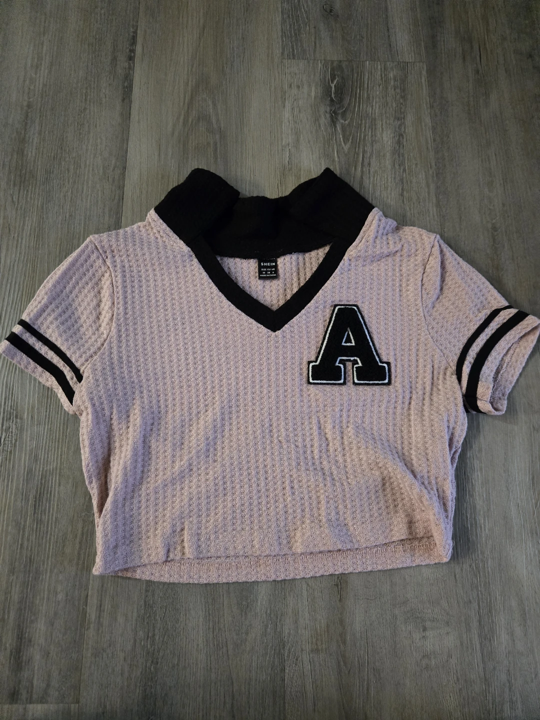 SHEIN Pink Waffle Knit Cropped Top with 'A' Patch