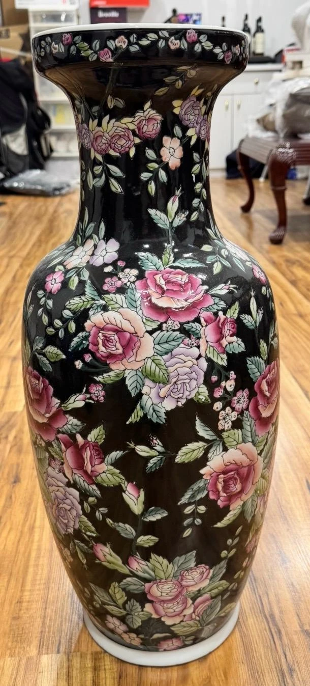 Vintage Black Floral Ceramic Vase