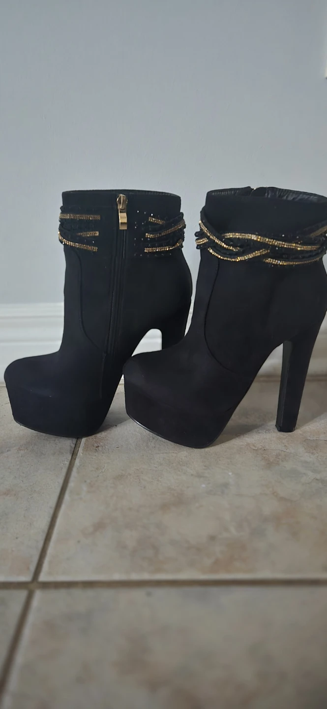 Black Heeled Ankle Boots with Gold Embellishments