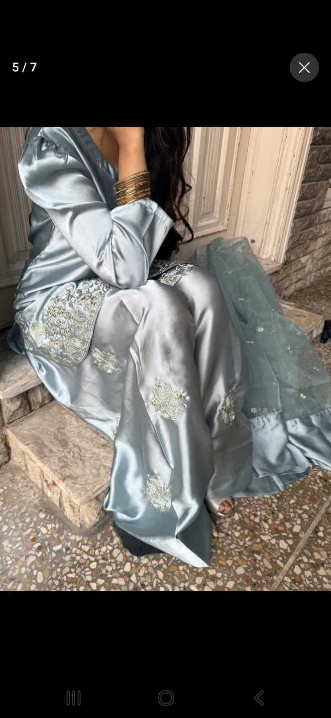 Light Blue Satin farshi  Shalwar Kameez 3 pc with Embroidery