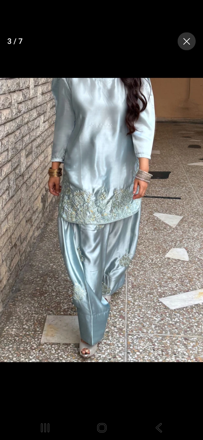 Light Blue Satin farshi  Shalwar Kameez 3 pc with Embroidery - photo 2