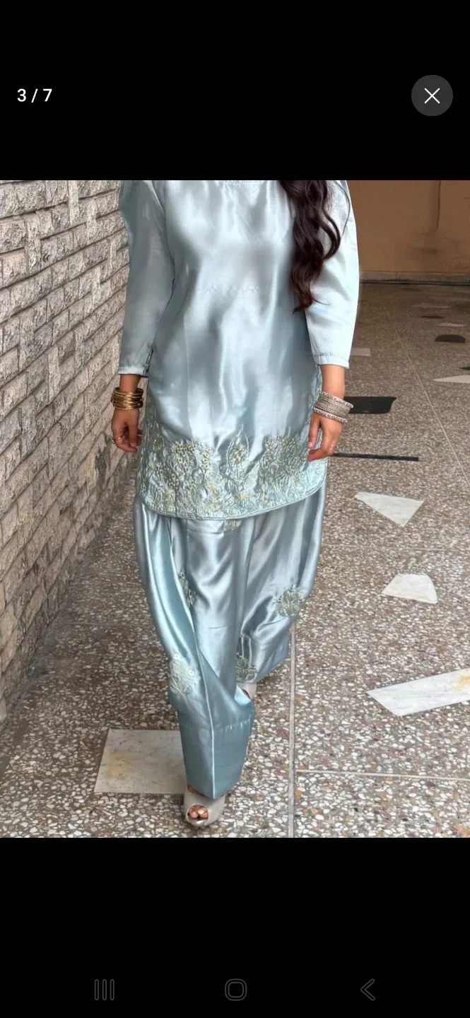 Light Blue Satin farshi  Shalwar Kameez 3 pc with Embroidery - photo 2
