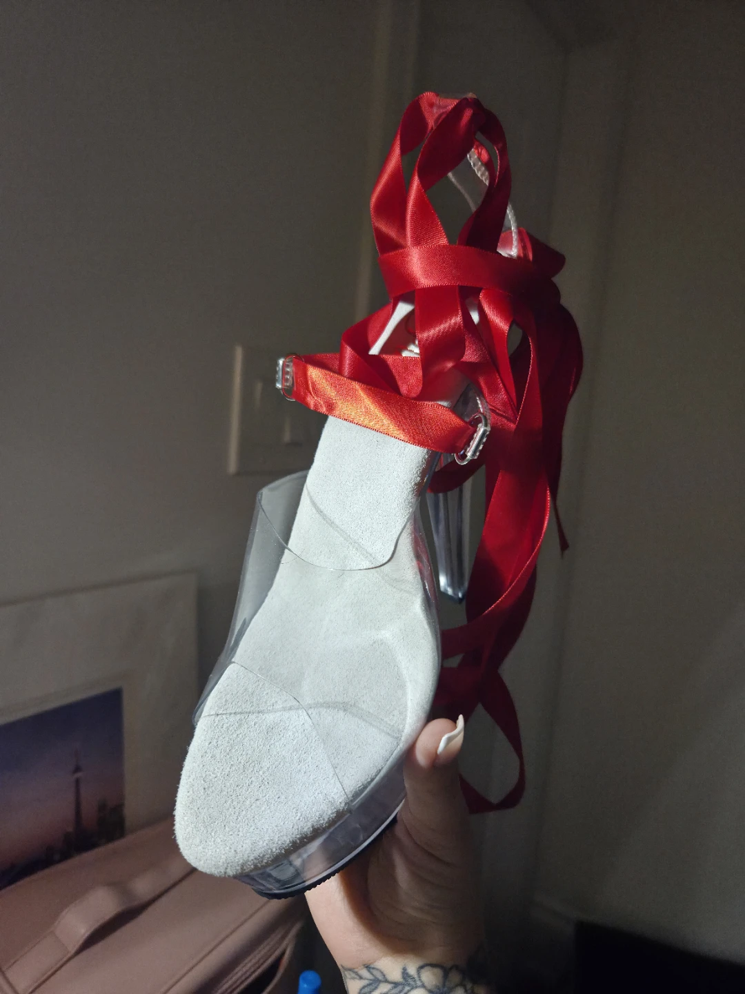 Clear Platform Heels with Red Ribbons