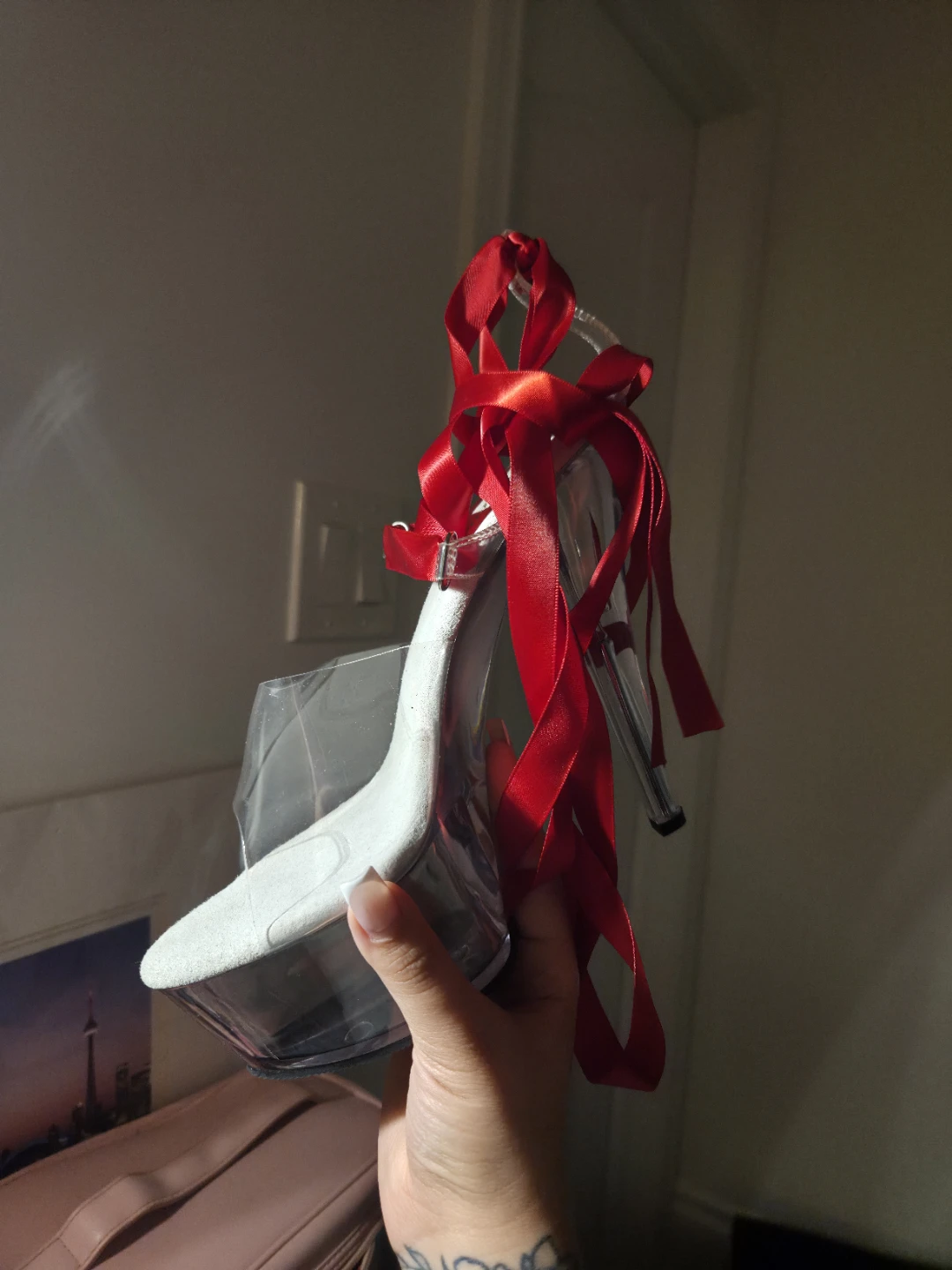 Clear Platform Heels with Red Ribbons - photo 2