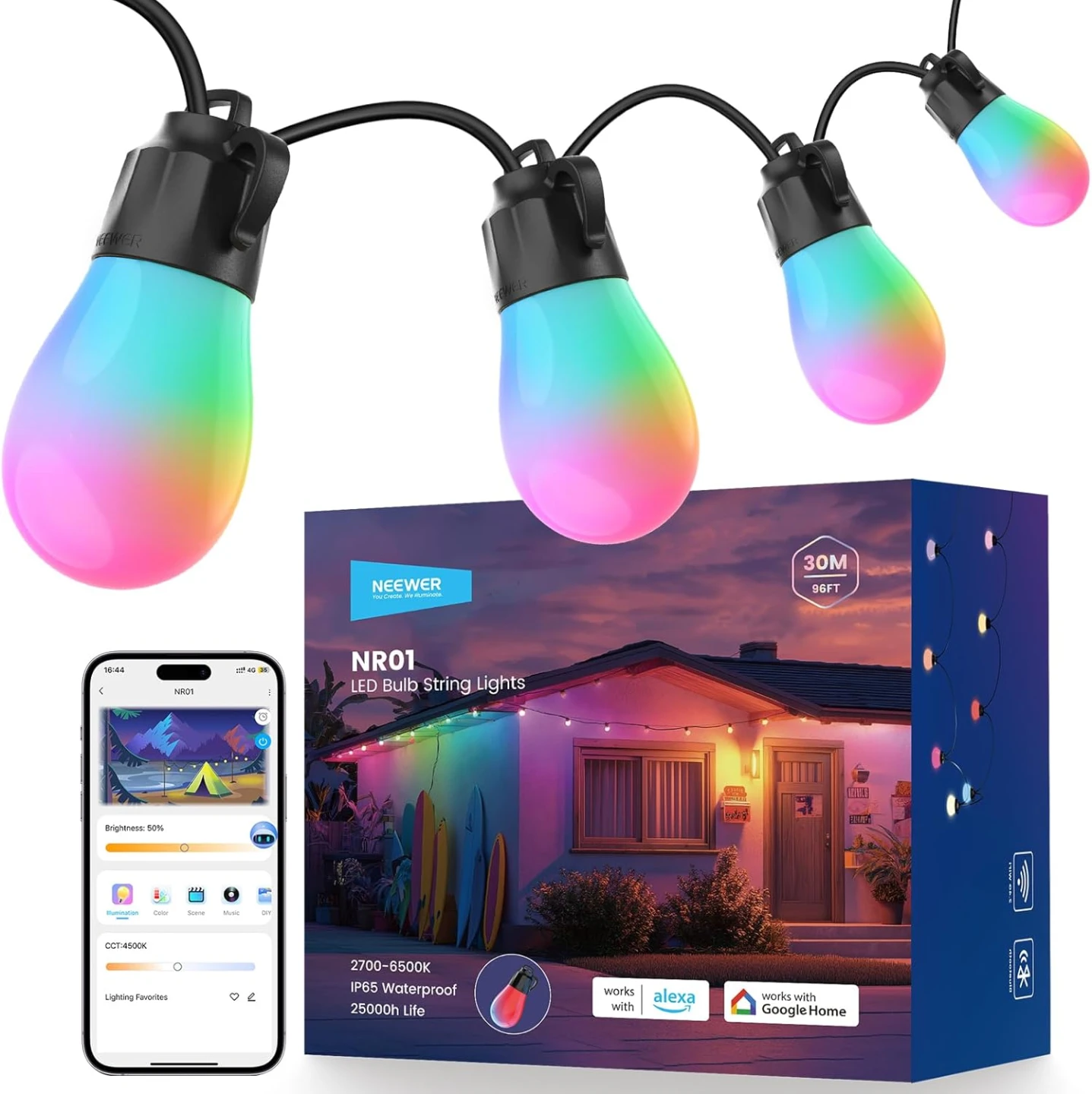 NEEWER 96ft RGBW Smart LED String Lights