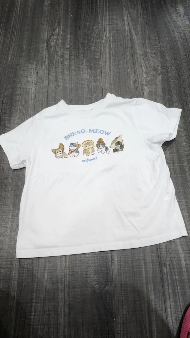 White T-Shirt with Bread-Meow Cat Graphic