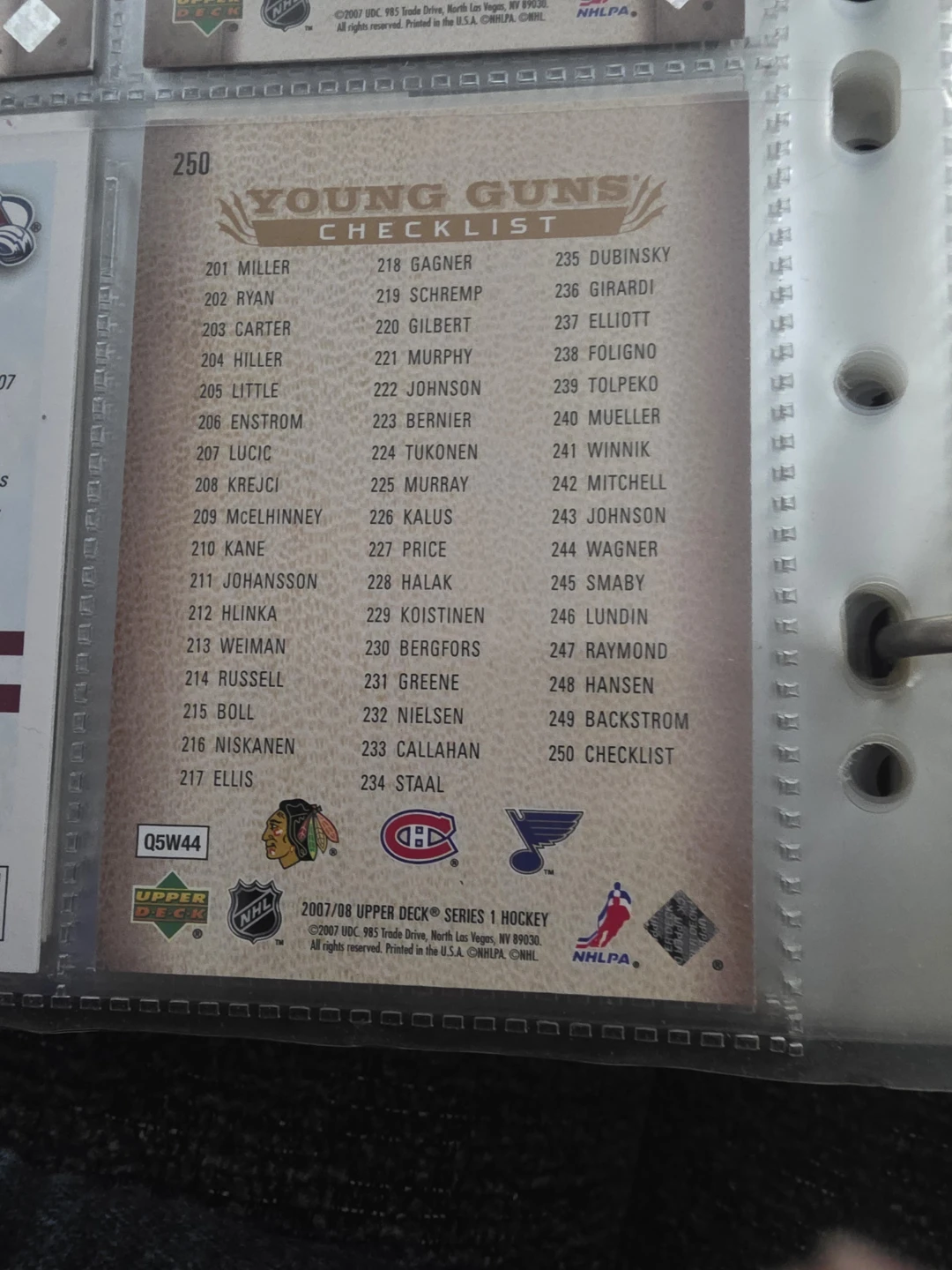 Upper Deck Young Guns Checklist Hockey Card 250 - photo 2