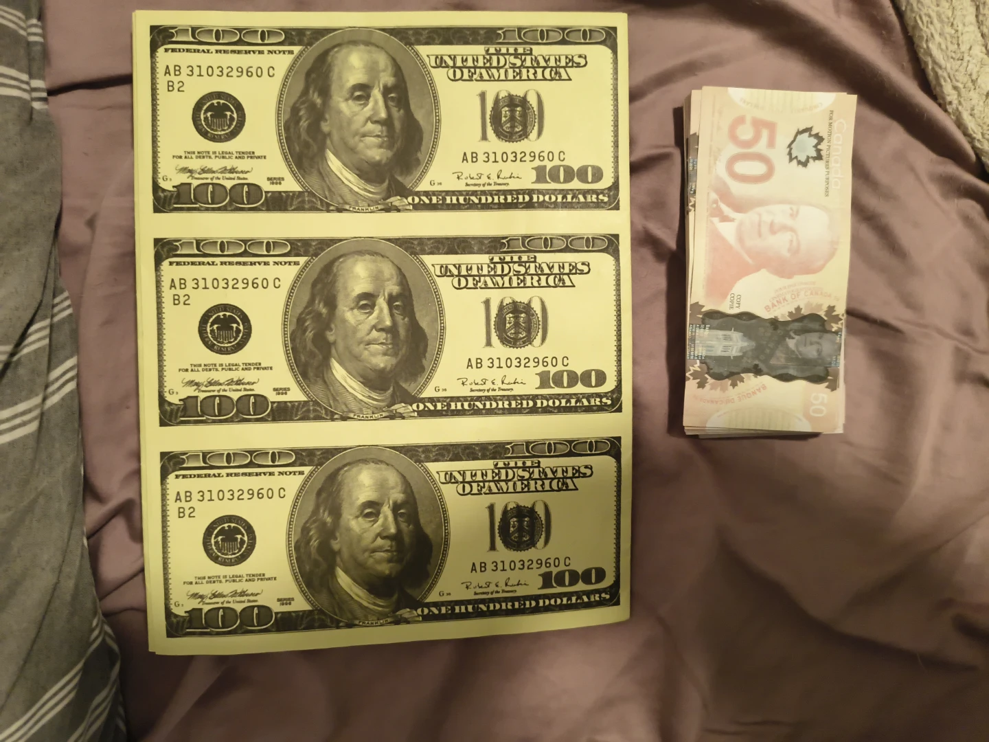 Play Money - 3 x $100 USD Bills & 1 x $50 CAD Bill