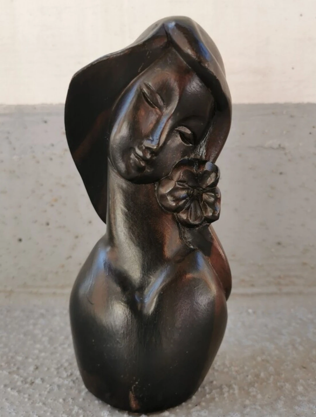 Vintage Hand Carved Wood Woman Bust Sculpture With Flower 7"