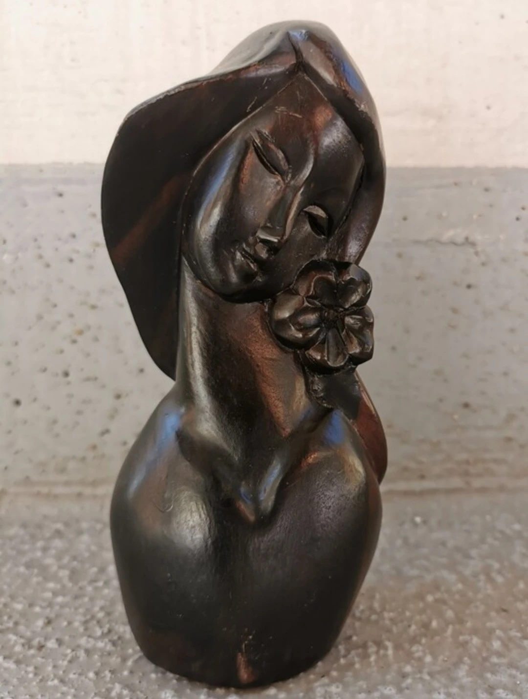 Vintage Hand Carved Wood Woman Bust Sculpture With Flower 7" - photo 2