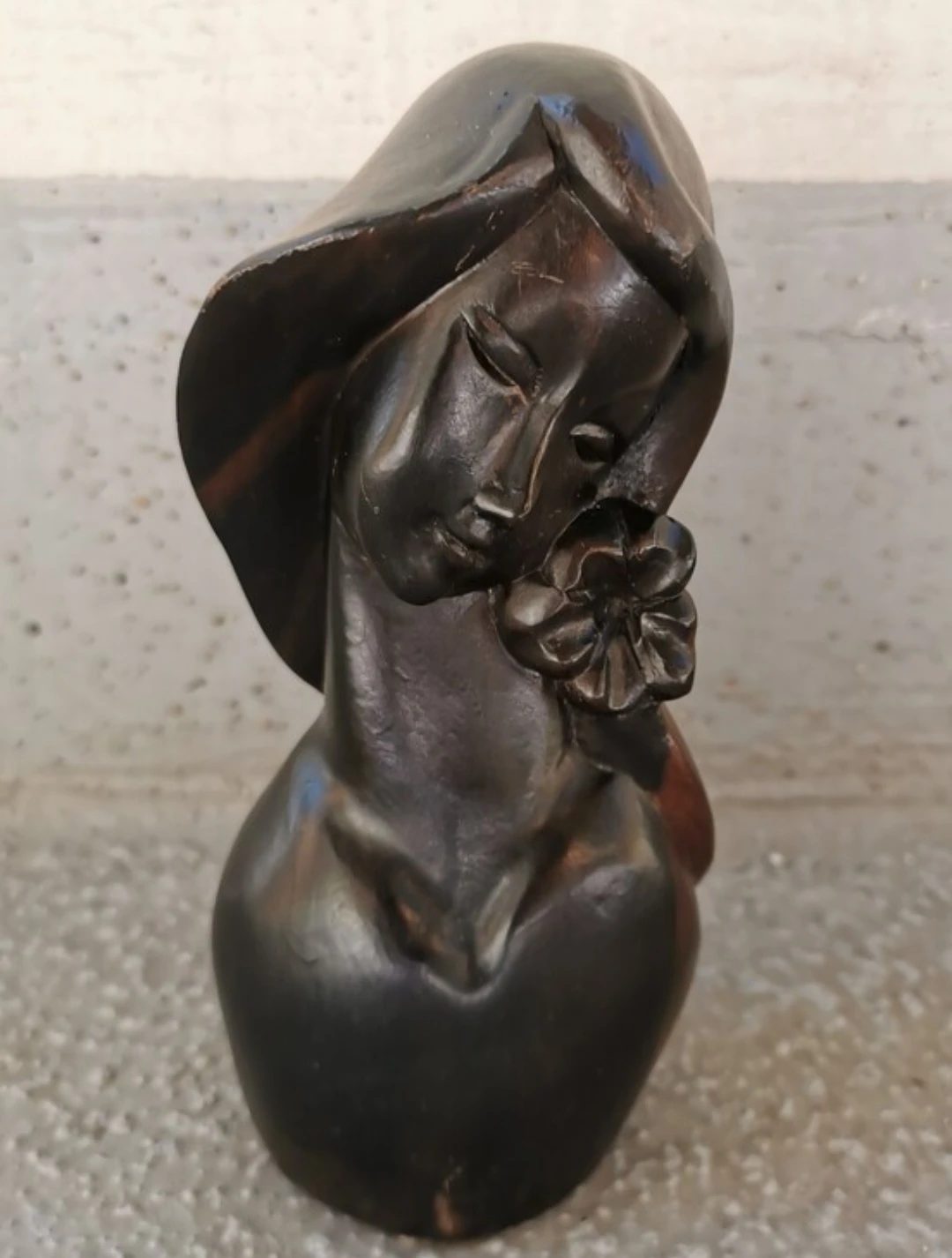 Vintage Hand Carved Wood Woman Bust Sculpture With Flower 7" - photo 3