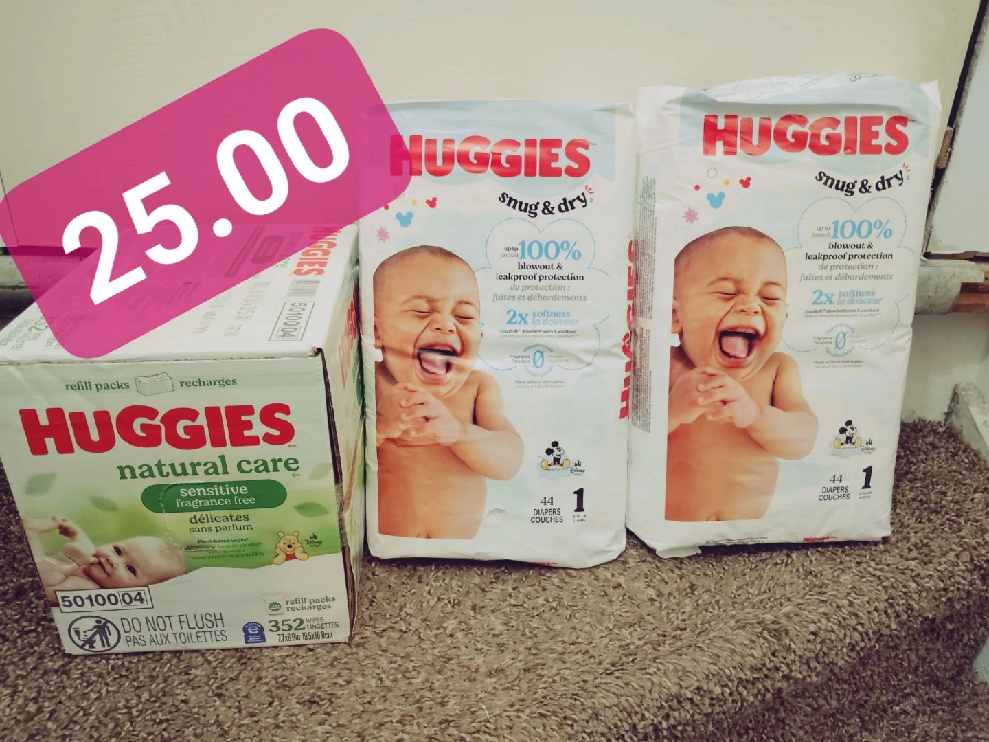1 box wipes y 2 packs hugies size 1