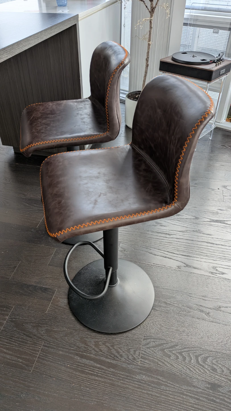 Adjustable Faux Leather Bar Stools with Orange Stitching