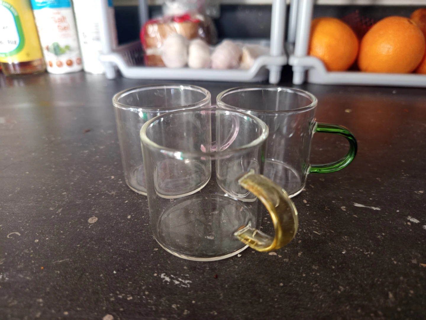 Set of 3 Glass Cups with Coloured Handles