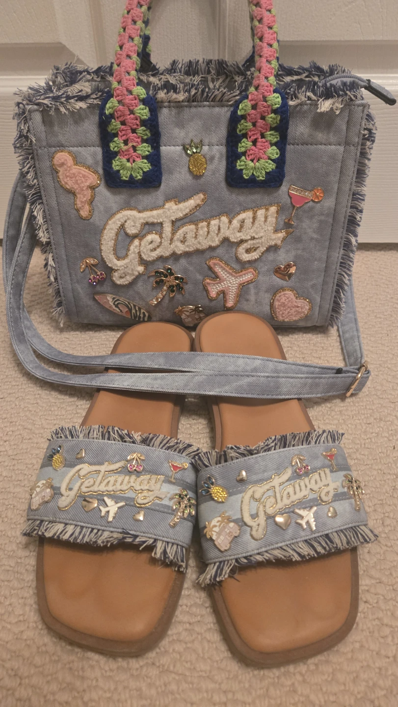 ALDO Denim Getaway Tote Bag & Slide Sandals Set