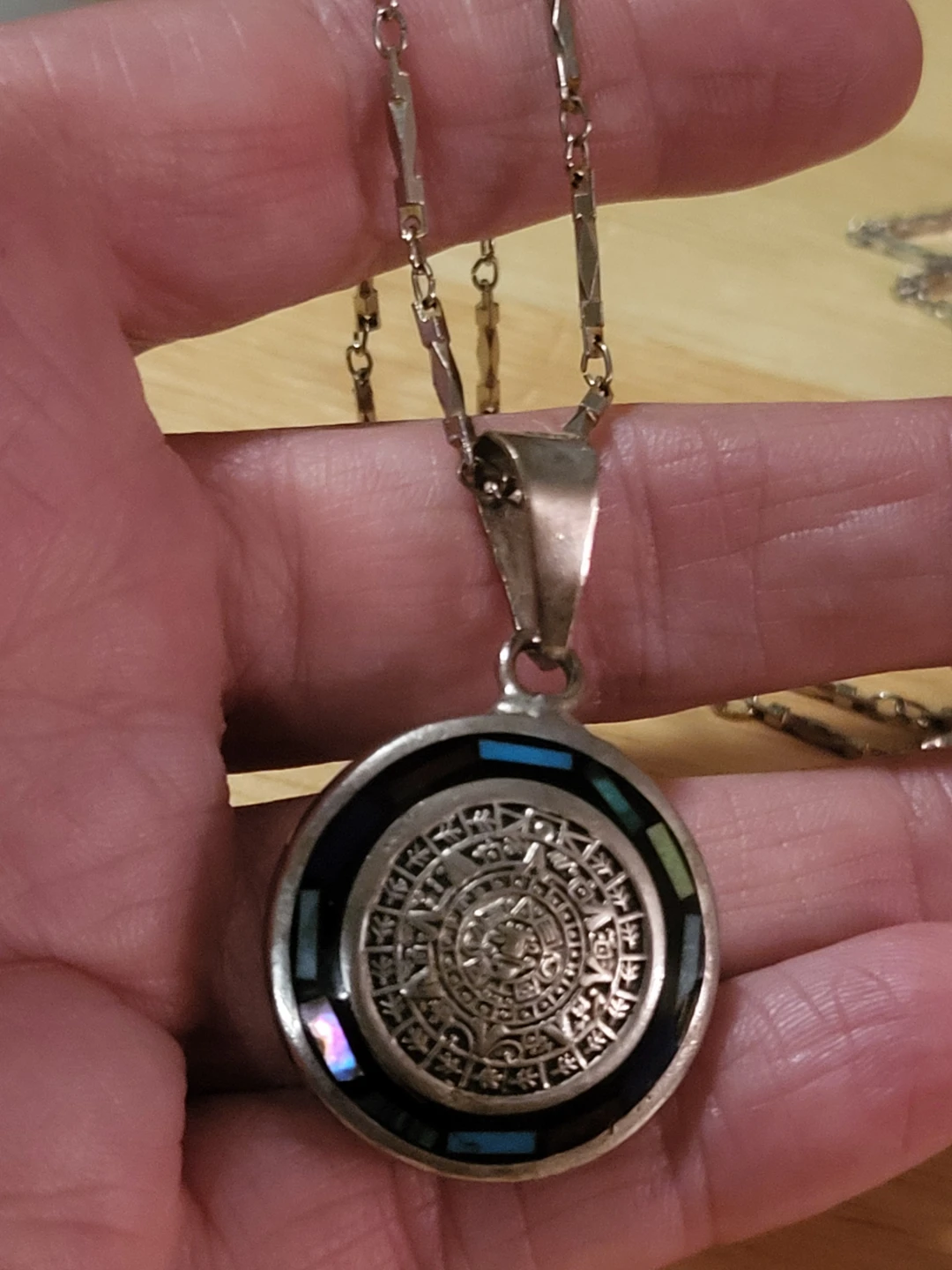 Sterling Silver Aztec Calendar Pendant Necklace