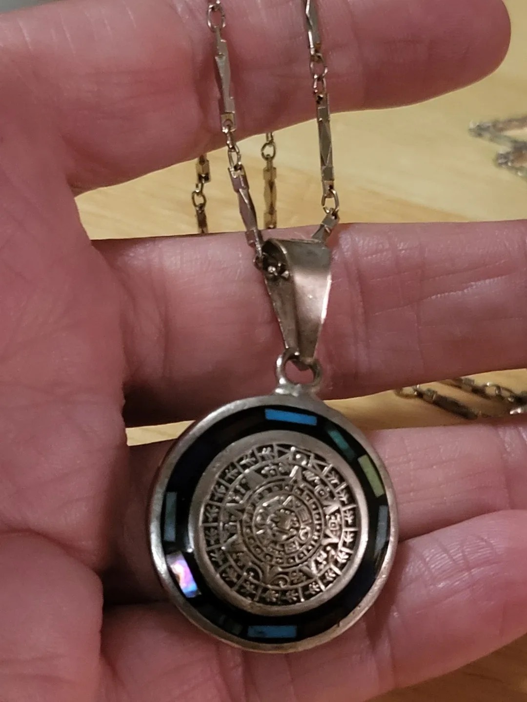 Sterling Silver Aztec Calendar Pendant Necklace
