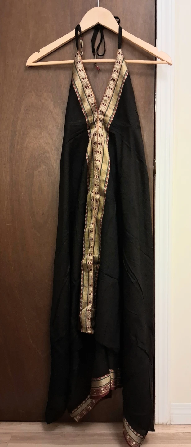 NEW BOHO BLACK HALTER MAXI DRESS WITH GOLD TRIM
