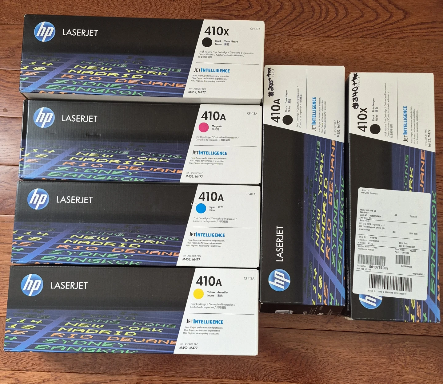 6 print cartridges. Sealed hp laserjet 410A colour & 410x black