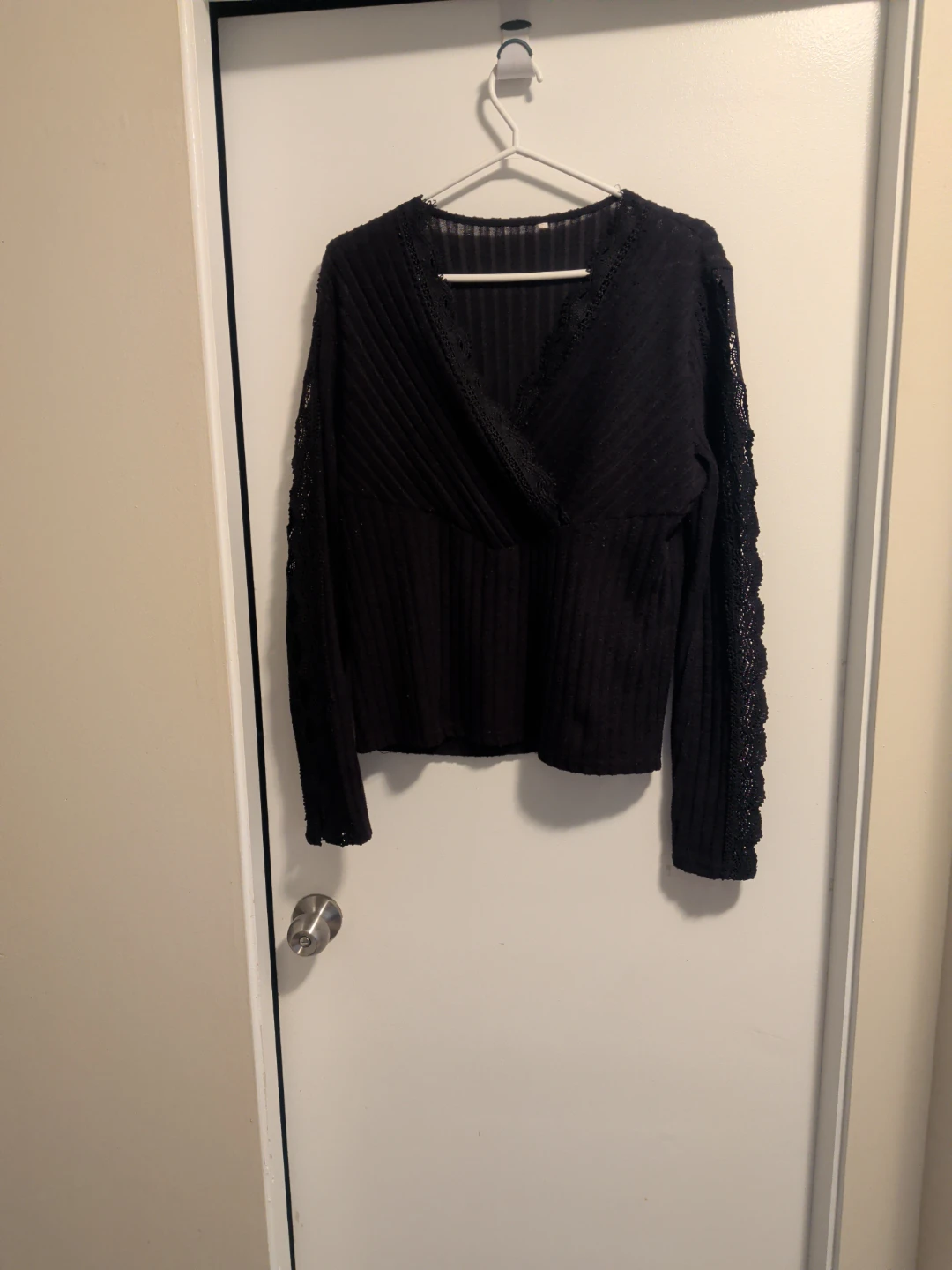 Black Long Sleeve Lace Trim Wrap Top