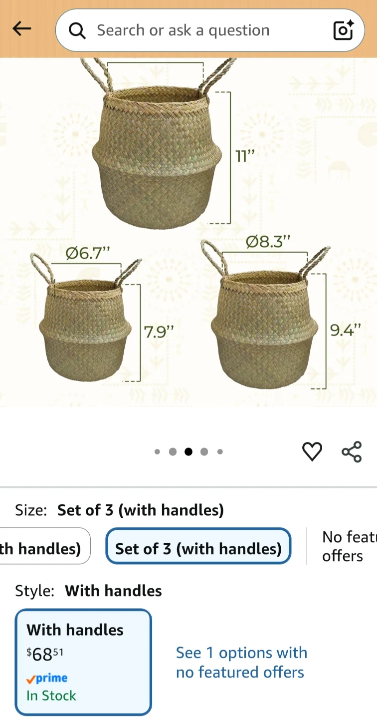 Plant Baskets for sale, Set of 3 Woven Baskets with Handles - photo 2
