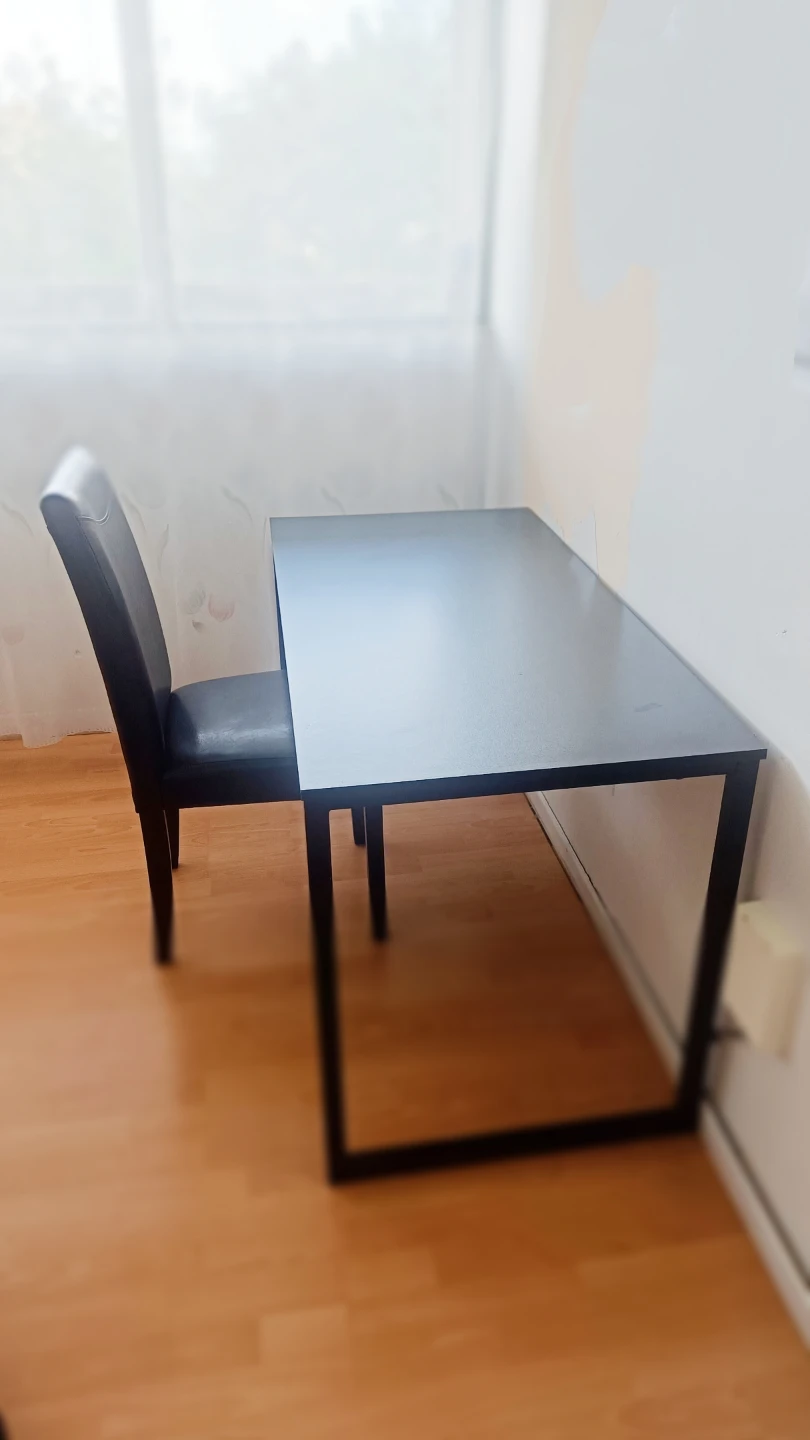 Black Office Study Table with Metal Frame Desk & Leather Chair